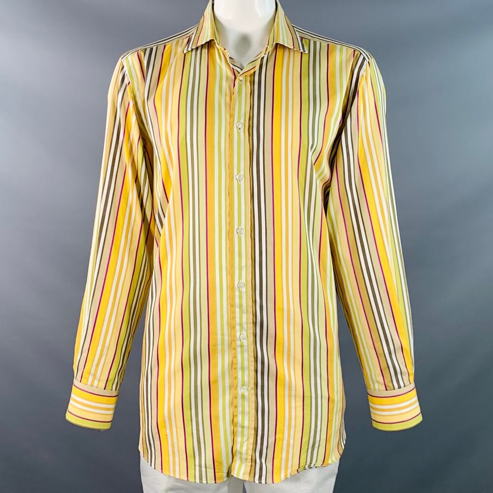 ETRO Size 44 Yellow Green White Stripe Cotton Curved Cutaway Long Sleeve Shirt